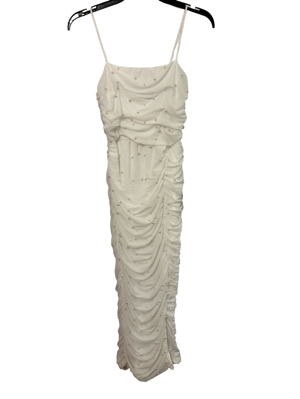 Lulu's Ivory Pearl-Embellished Ruched Maxi Slip Dress